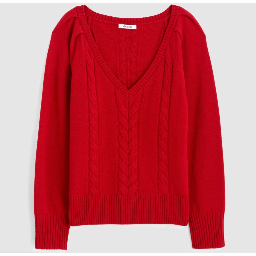 Madewell V-Neck Pullover Sweater Merino Wool XS Red NWT NY444 Cable Knit Prep - Picture 5 of 7